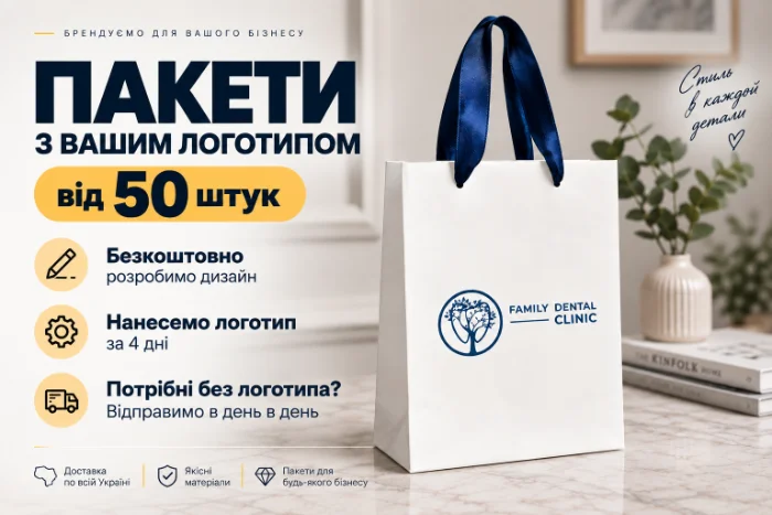Білий ламінований паперовий пакет з логотипом клініки та синьою атласною ручкою